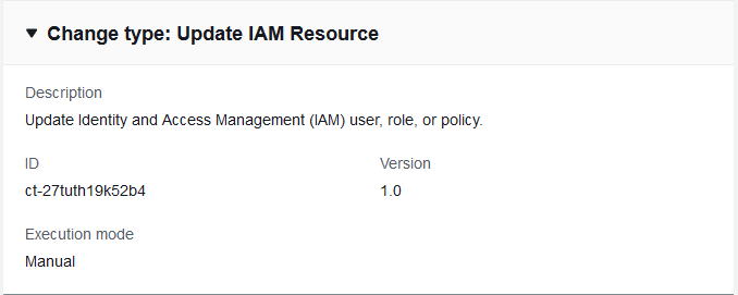 Update IAM Resource change type with description, ID, version, and execution mode details.