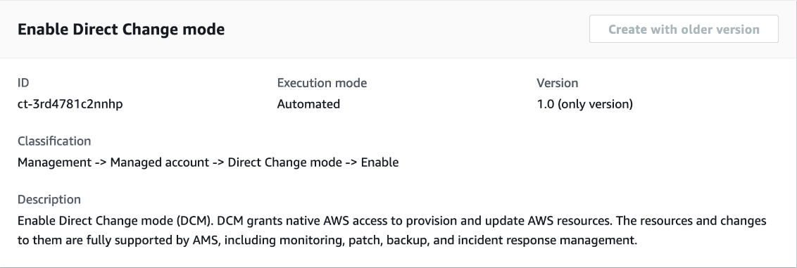 Console interface showing details for enabling Direct Cambio mode in AWS Management.