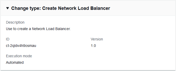 Network Load Balancer creation details showing change type, description, ID, version, and execution mode.