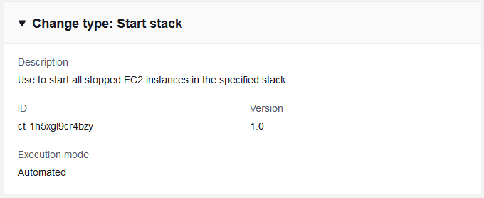 Cambio type details for "Start stack" with description, ID, version, and execution mode.