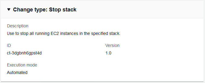 Cambio type details for stopping EC2 instances in a specified stack, including ID and version.