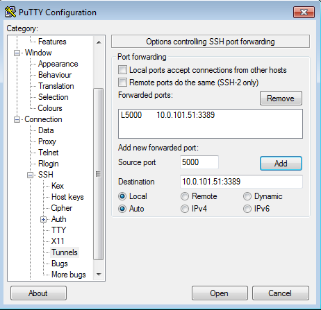 PuTTY Configuration window showing SSH port forwarding options with a forwarded port example.