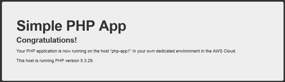 Confirmation message for a successfully deployed PHP application on Nube de AWS.
