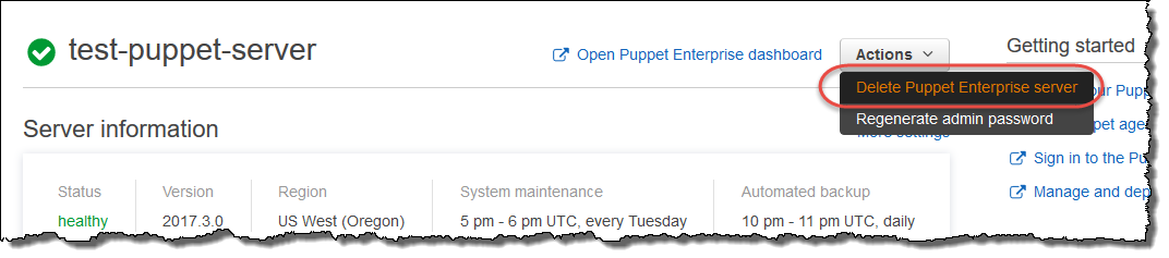 OpsWorks para el comando Delete Server de Puppet Enterprise