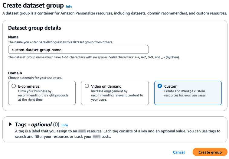 Representa la página Crear grupo de conjuntos de datos con los campos Nombre, Dominio y Etiquetas.