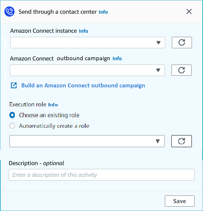 La ventana Enviar a través de un centro de contacto para configurar una actividad de Amazon Connect.