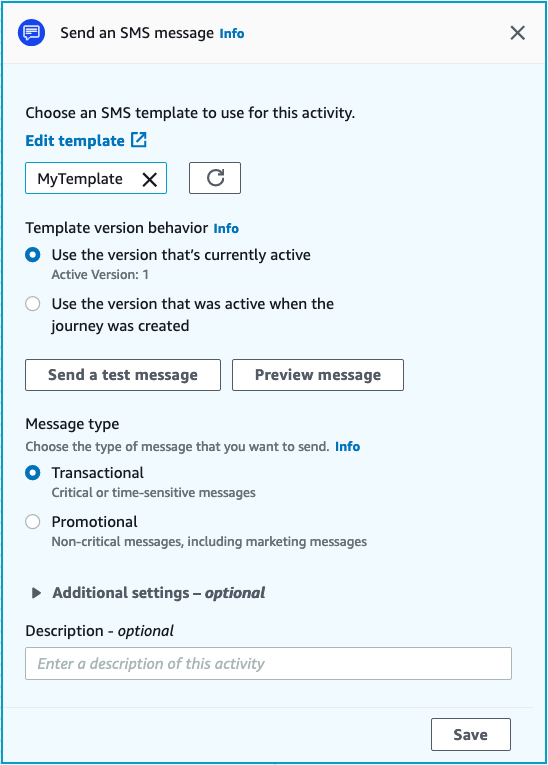 La ventana de envío de un mensaje SMS para configurar una actividad de SMS.