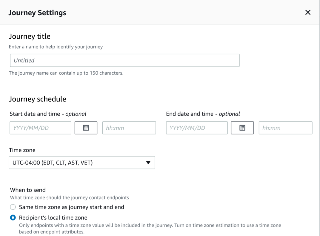 Una programación del recorrido con las fechas de inicio y finalización y cuándo programarlo con la hora local del destinatario.