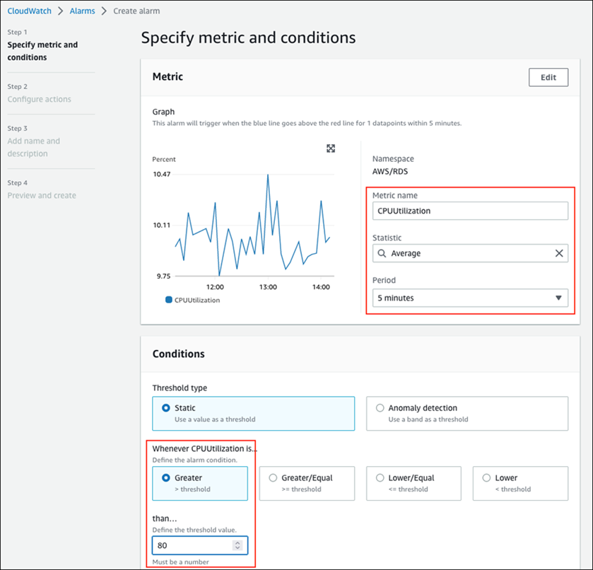 Configurar una alarma para la CPUUtilization métrica