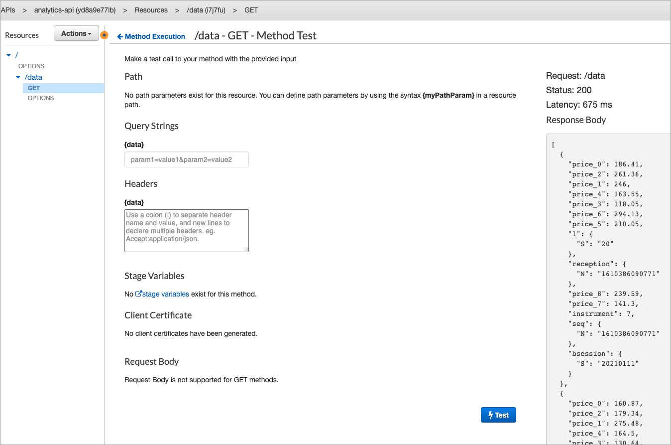La consola API Gateway con GET se selecciona en OPCIONES.
