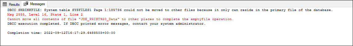 Mensaje de error al vaciar el archivo MDF