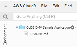 AWS Cloud9 consola que muestra el panel de carpetas del entorno QLDB DMV Sample Application.