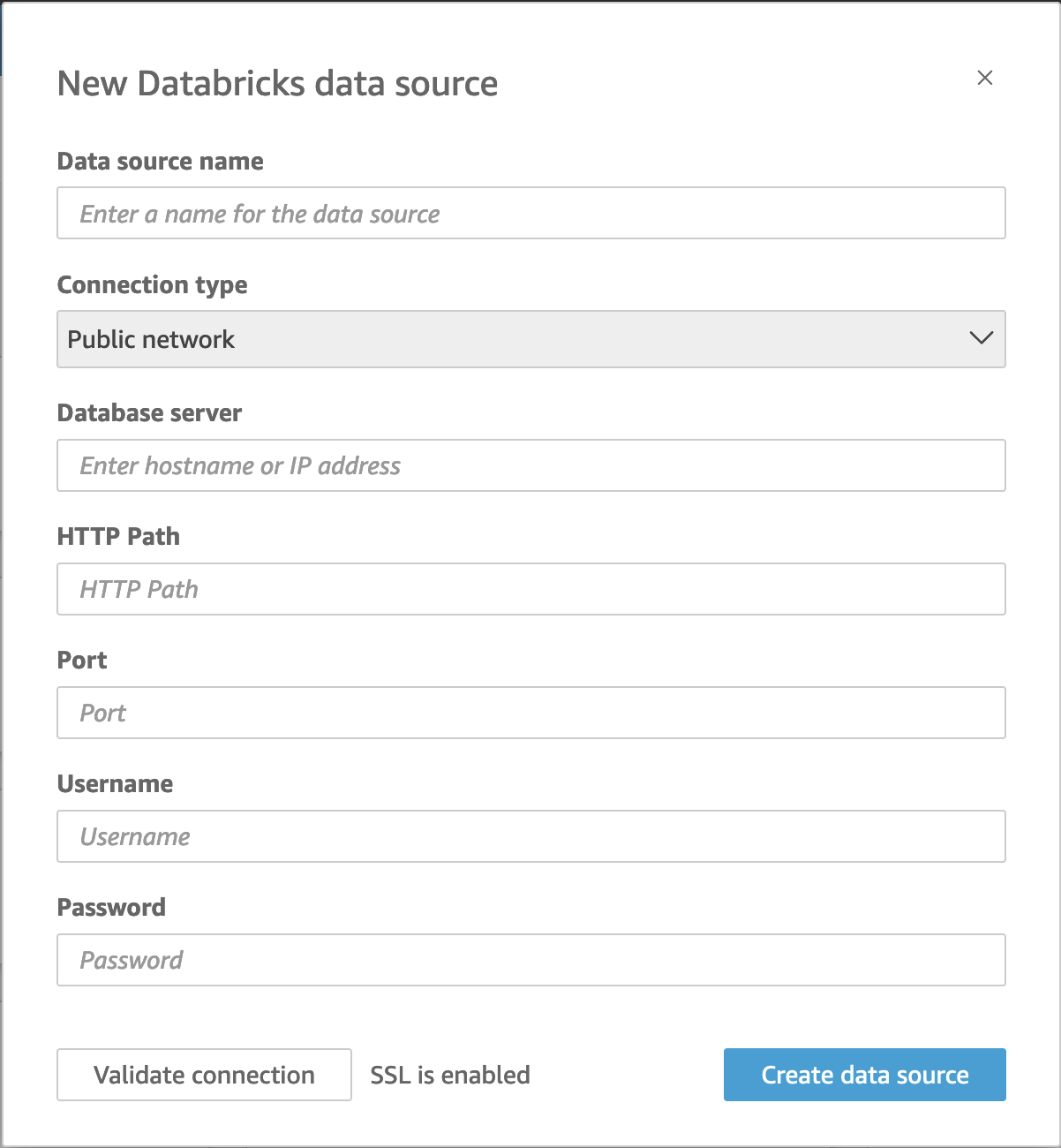 Imagen de la pantalla de un nuevo origen de datos de Databricks. Muestra todos los campos descritos en esta sección. El botón azul para crear el origen de datos, situado en la parte inferior derecha, se puede activar pulsando ENTRAR.