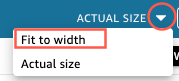Dropdown menu showing "Fit to width" and "Actual size" options for adjusting dashboard view.