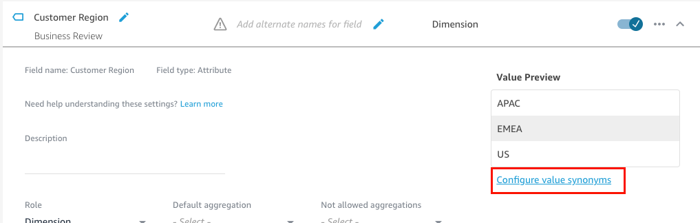 Imagen de las opciones de configuración de sinónimos de valores.