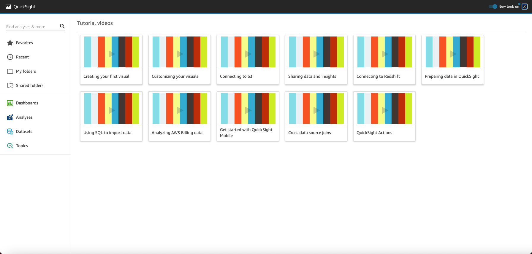 Tutorial videos grid showing various Quick Suite topics such as creating visuals and connecting to data sources.
