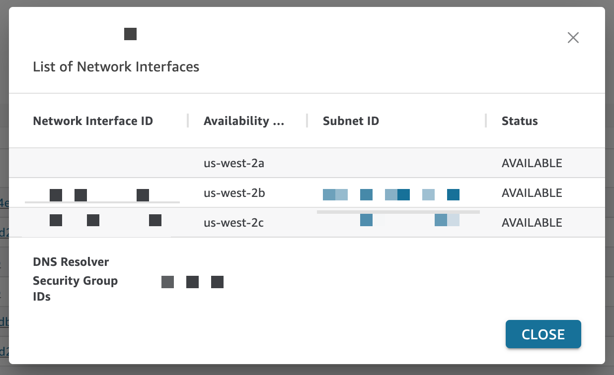 Una ventana emergente que muestra información sobre las interfaces de red que están configuradas para una conexión VPC.
