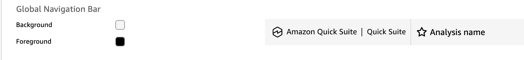 La configuración de la barra de navegación global. Utilice las muestras de fondo y primer plano para personalizar los colores de cada elemento del tema que aparece en la página de configuración del tema.