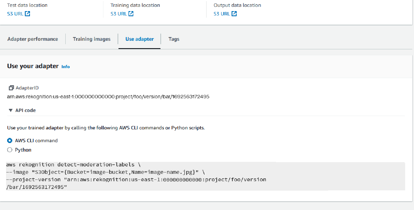 Interfaz que muestra las ubicaciones de los datos de prueba, los datos de entrenamiento y los datos de salida con los campos de URL de S3 correspondientes. Opciones para usar un adaptador, ver etiquetas e imágenes de entrenamiento y acceder a los detalles del adaptador, incluidos su ID y muestras de código para que AWS CLI y Python usen el adaptador entrenado.