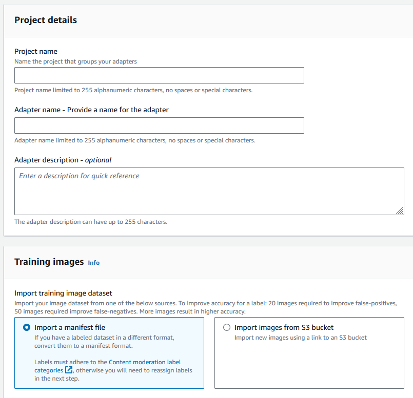 Formulario para especificar los detalles del proyecto, incluidos el nombre del proyecto, el nombre del adaptador y una descripción opcional del adaptador. Opciones para importar un conjunto de datos de imágenes de entrenamiento desde un archivo de manifiesto o un bucket de S3.
