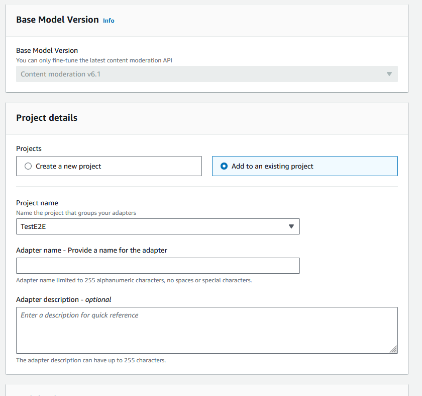 Interfaz para crear un adaptador de moderación de contenido o agregarlo a un proyecto existente, con opciones para asignar un nombre al adaptador y al proyecto.