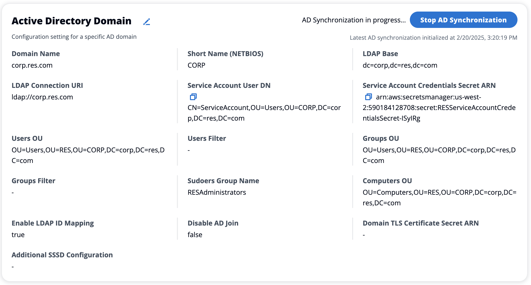 Página de configuración de dominios de Active Directory que muestra la opción de detener la sincronización