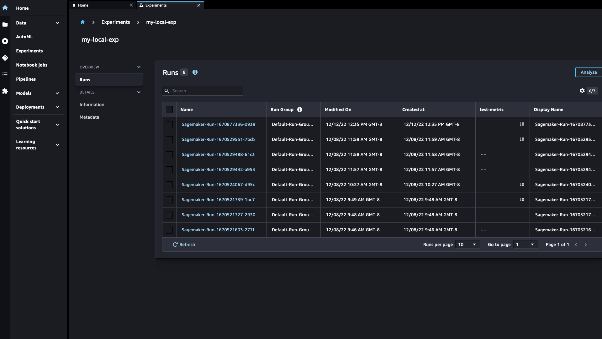 En la interfaz de usuario de experimentos se muestra una lista de los SageMaker experimentos ejecutados