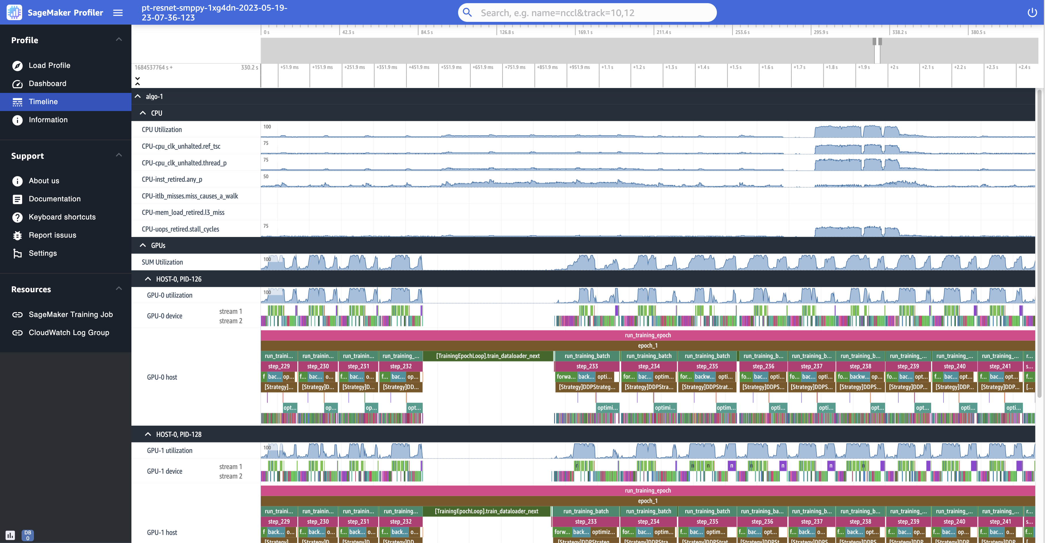 Página de cronología de la interfaz de usuario de SageMaker Profiler, que muestra el perfil de un ejemplo de trabajo de formación.