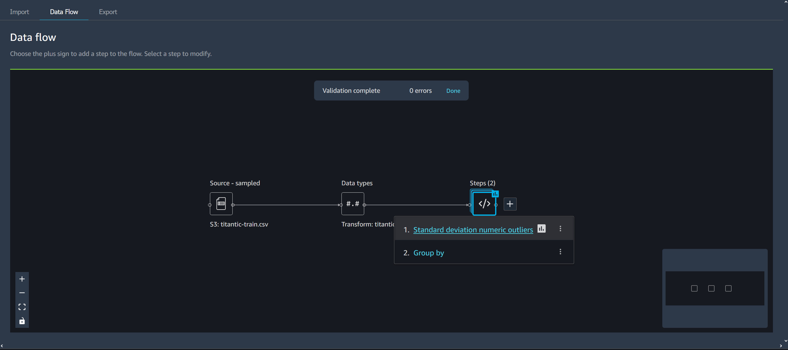 Ejemplo de paso en la página de flujo de datos de la consola de Data Wrangler.