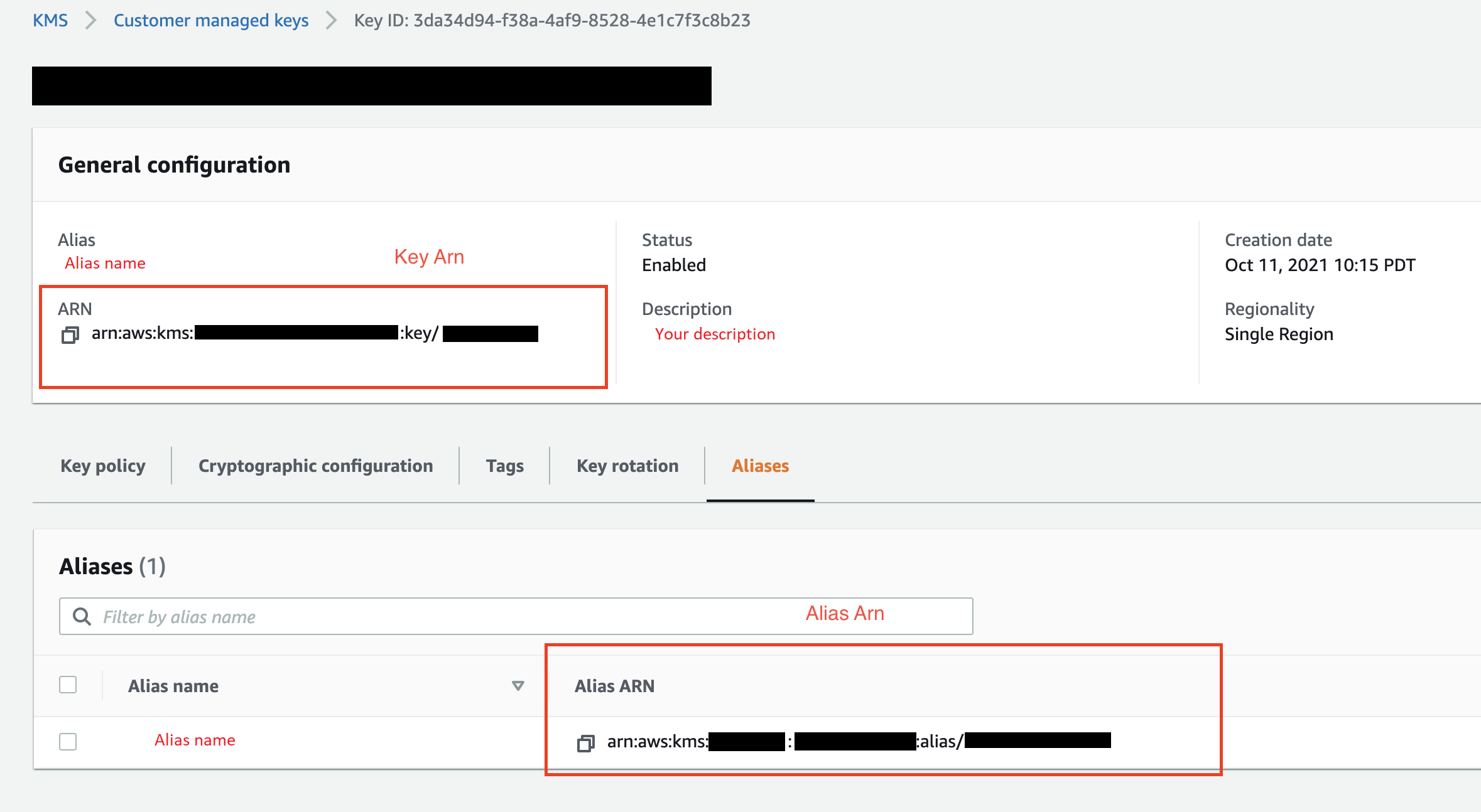 La ubicación del AWS KMS alias ARN, el nombre del alias y la clave ARN en la consola. AWS KMS