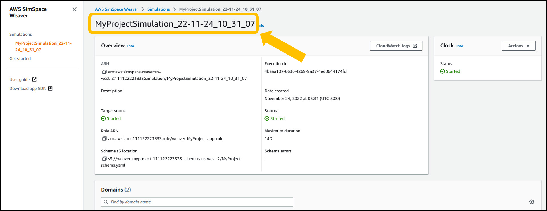 Puede encontrar el nombre de la simulación al principio de la página de detalles de la simulación en la SimSpace Weaver consola.