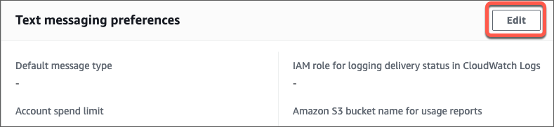 Sección de preferencias de mensajería de texto en la consola de Amazon SNS