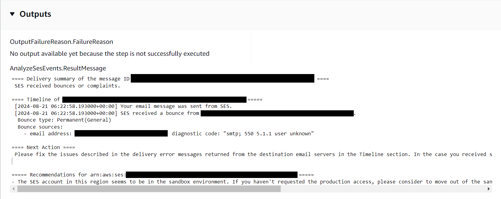 Ejemplo del resultado de una ejecución automática de un identificador de mensaje que recibió un rebote del servidor de correo electrónico de destino.