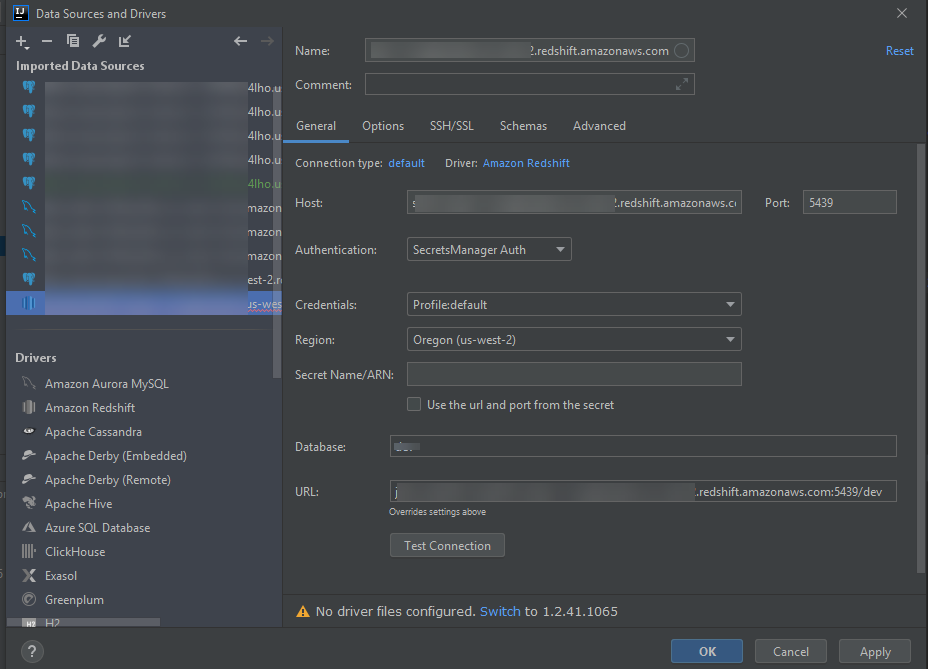 Ajustes de conexión para un clúster de Amazon Redshift con Secrets Manager utilizado para la autenticación.