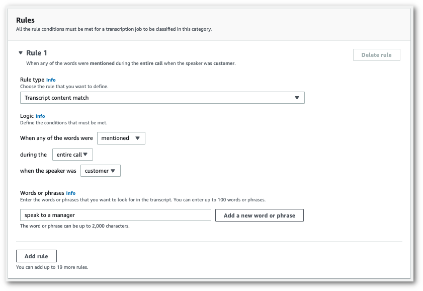 Amazon Transcribe captura de pantalla de la consola: el panel de «reglas» con opciones lógicas.