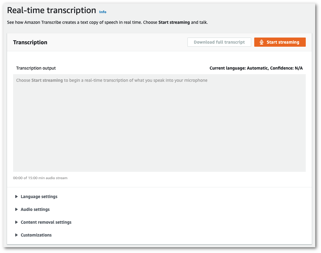 Amazon Transcribe captura de pantalla de la consola: la pestaña «configuración de idioma» colapsada en la página de «transcripción en tiempo real».