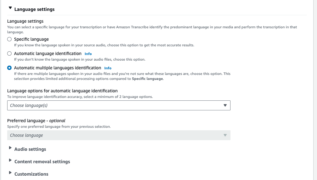 Amazon Transcribe captura de pantalla de la consola: la pestaña ampliada de «configuración de idioma».