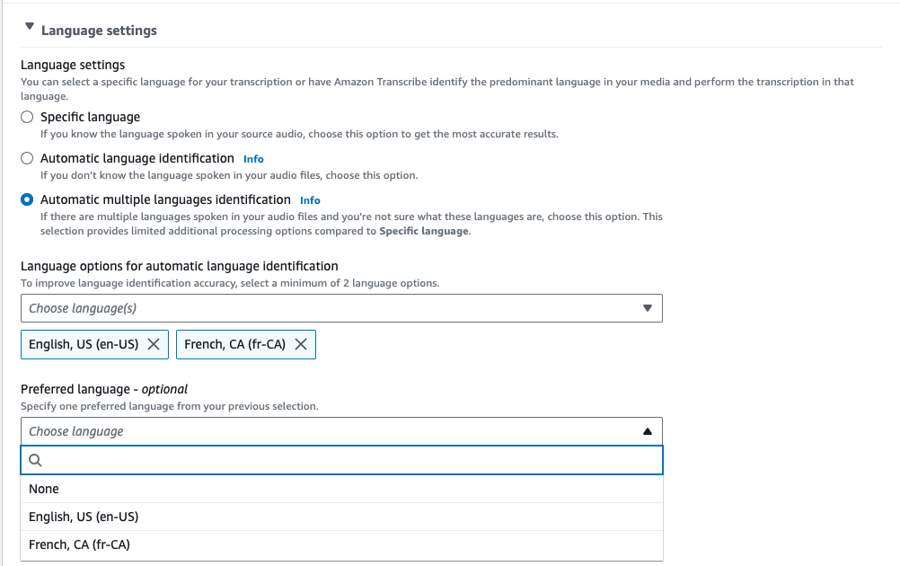 Amazon Transcribe captura de pantalla de la consola: el menú desplegable de selección del código de idioma.