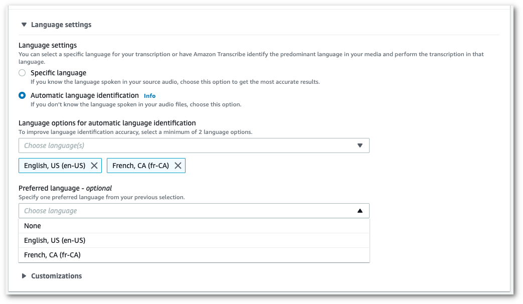 Amazon Transcribe captura de pantalla de la consola: el panel de «configuración de idioma» con las opciones de idioma preferidas.