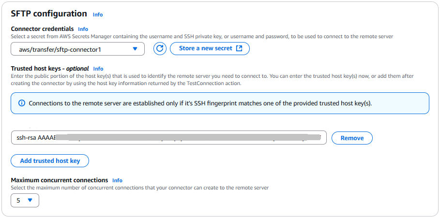La consola de conectores SFTP de Transfer Family, que muestra los ajustes de configuración de SFTP.