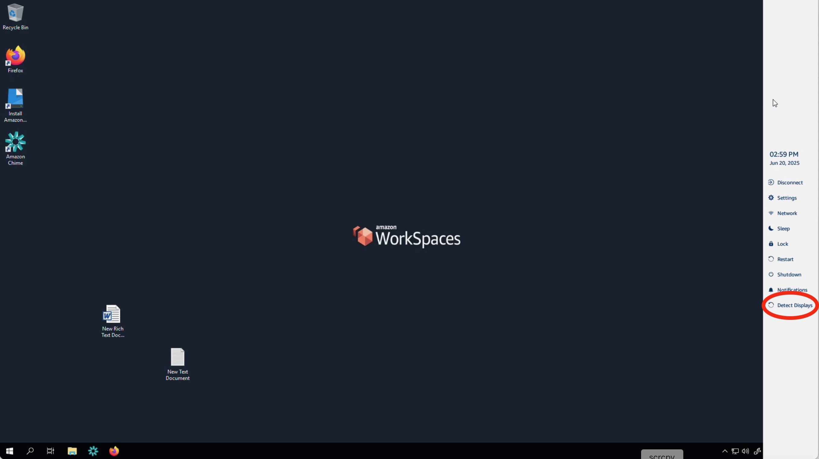 Amazon WorkSpaces desktop with icons and a side menu highlighting "Detect Displays".
