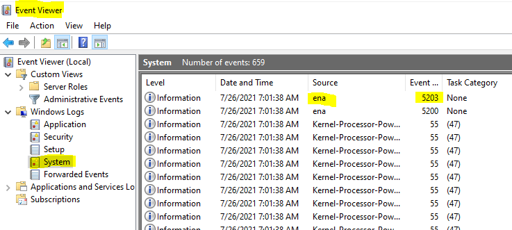 Exemple : événement de pilote ENA affiché dans la liste des messages système de l’Observateur d’événements Windows.