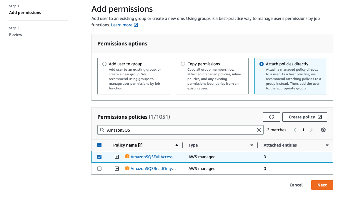 Amazon SQS indique la politique d'autorisation permettant de démarrer, AmazonSQSFullAccess d'annuler et de répertorier les tâches pour les tâches de redrive en attente de lettres mortes et pour l'accès en lecture seule. AmazonSQSReadOnlyAccess