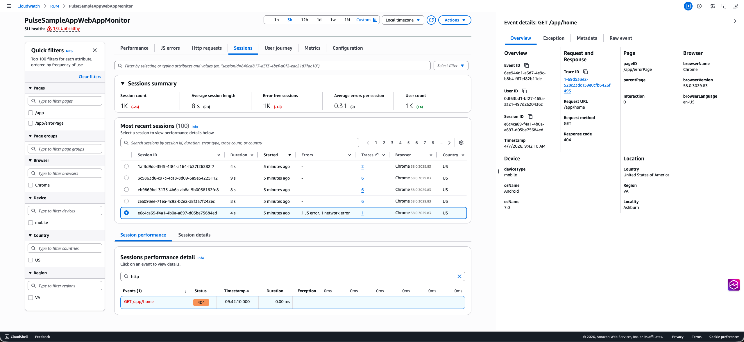 Panneau de diagnostic des sessions affichant le lien TraceID et l'onglet Exception avec Stack Trace