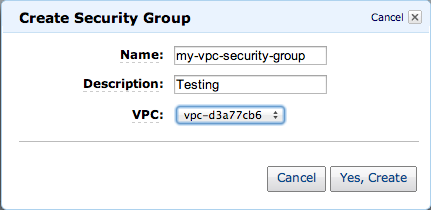 Image : Écran Create Security Group (Créer un groupe de sécurité)