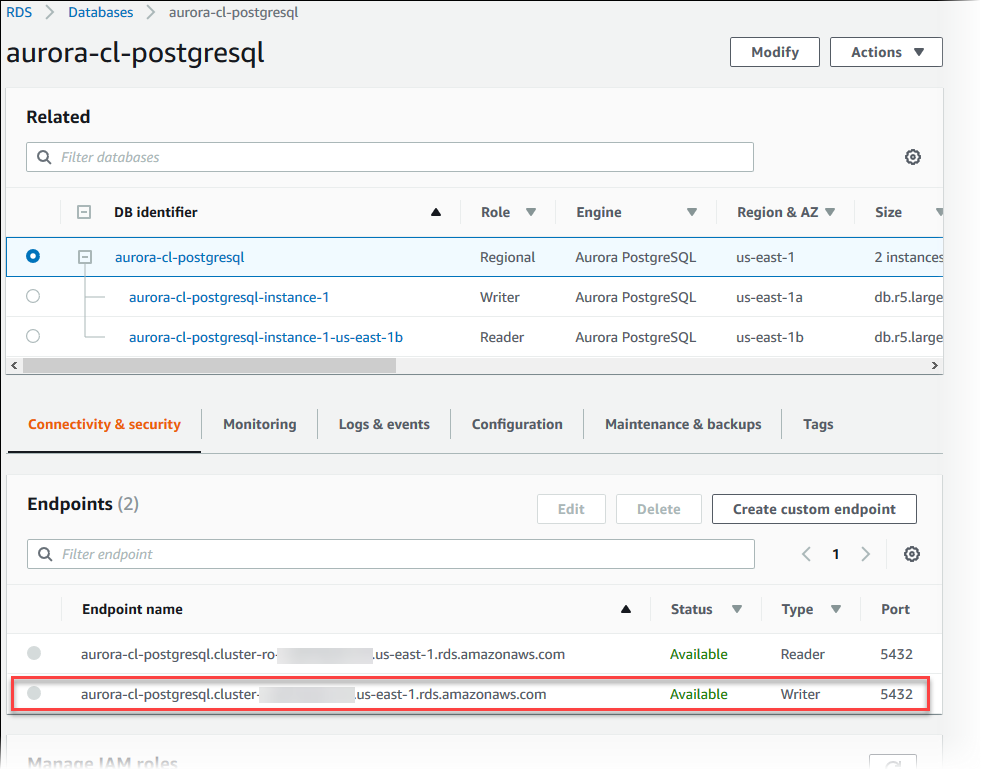 Point de terminaison Aurora PostgreSQL Writer.