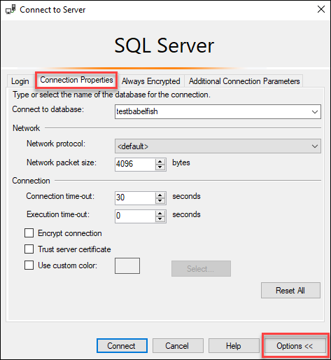 Connexion à une base de données Babelfish dans SSMS.
