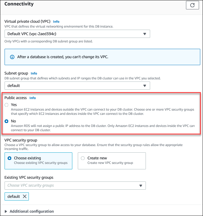 Définissez l'option Accès public à votre base de données dans la section Configuration de la connectivité supplémentaire sur Non.