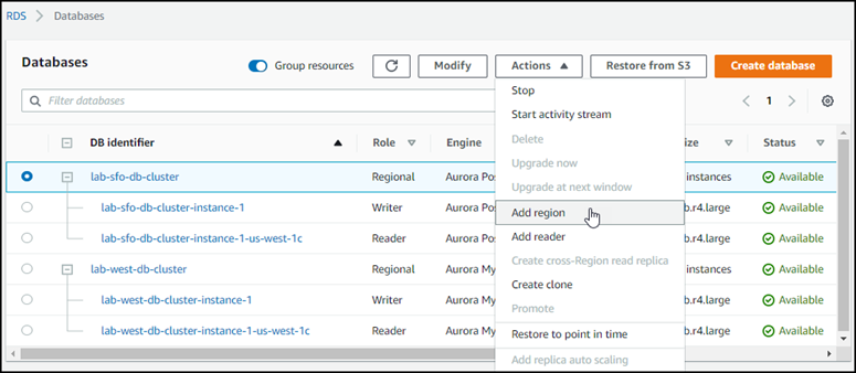Capture d'écran montrant un cluster de base de données provisionné avec l'option « Ajouter une AWS région » sélectionnée dans le menu Actions.