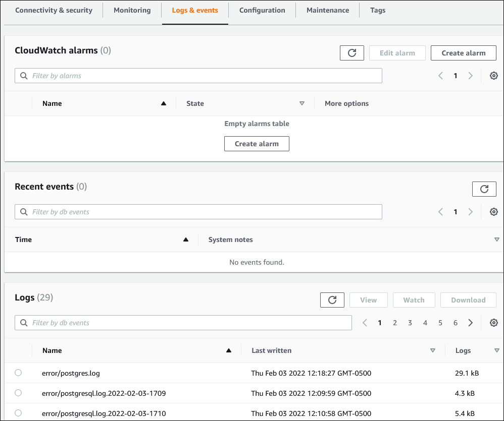 Page Logs & events (Journaux et événements)